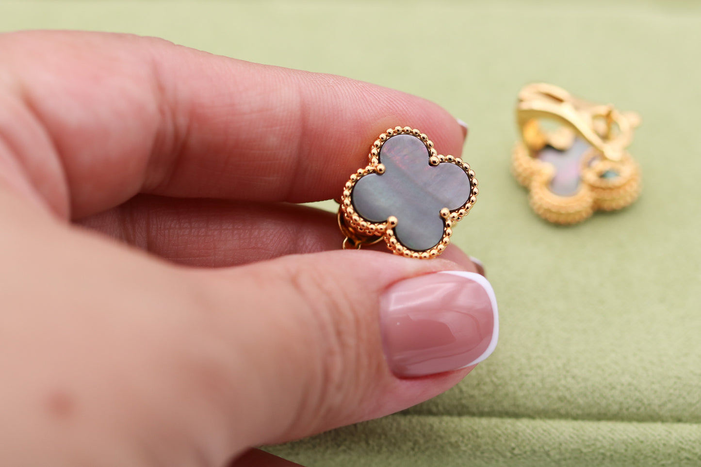 15mm one Gray Mother of pearl clover  earrings 925 silver 18k gold plated