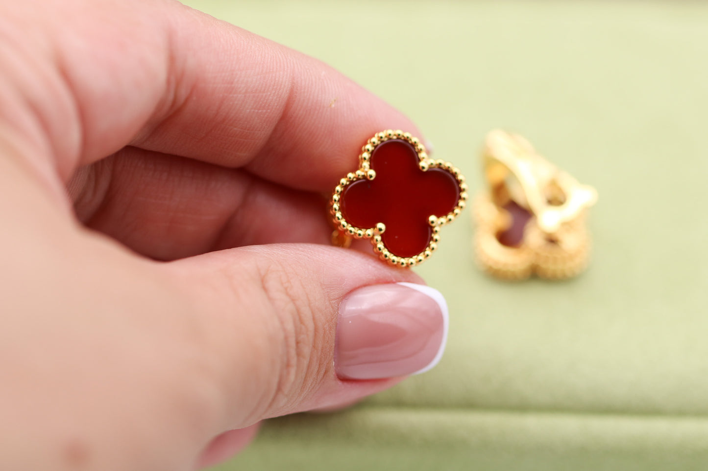 15mm one Carnelian clover earrings 925 silver 18k gold plated