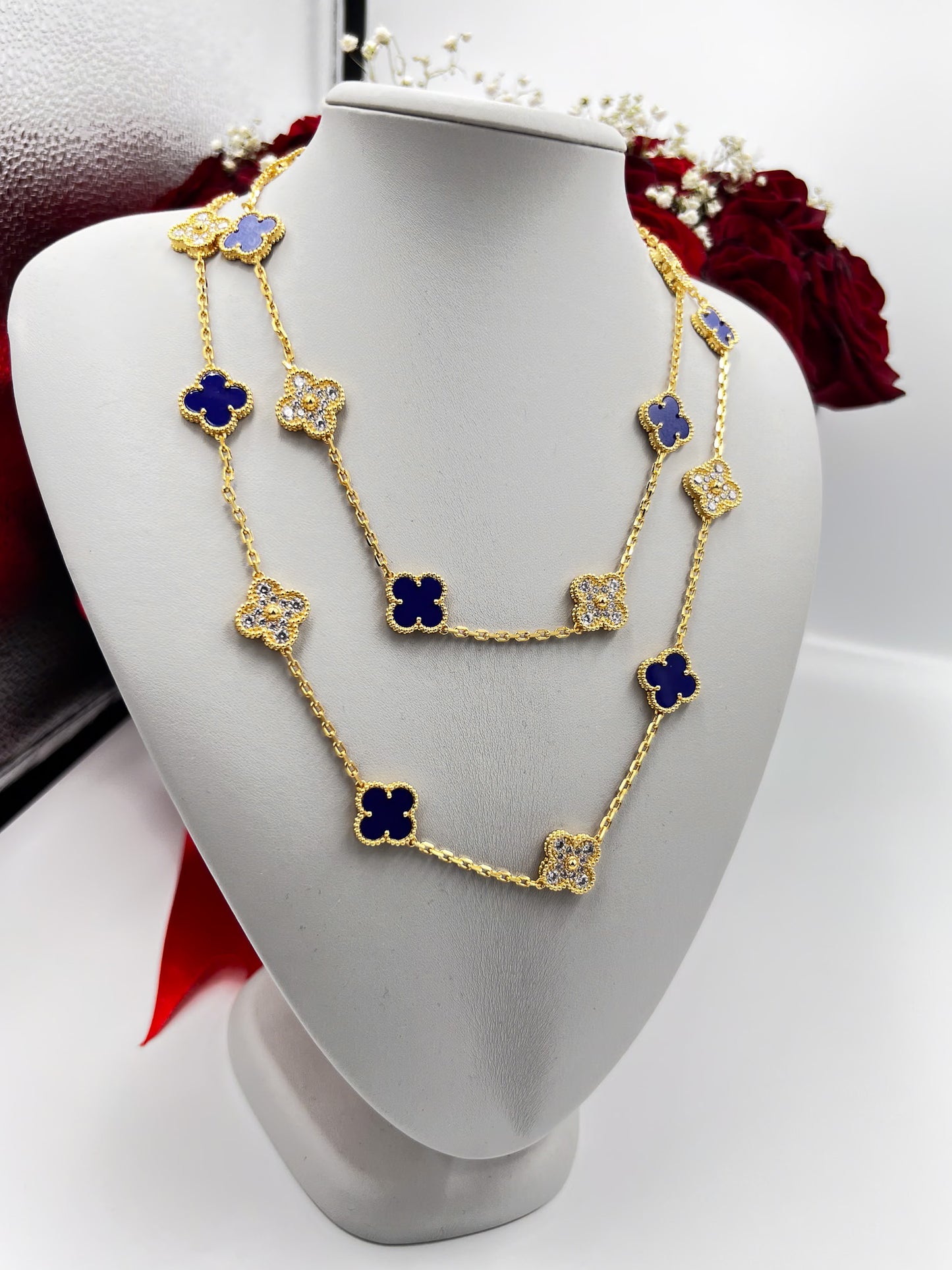 20 motif CZ & Lapis Lazuli clover necklace 925 silver 18k gold plated 84 cm long