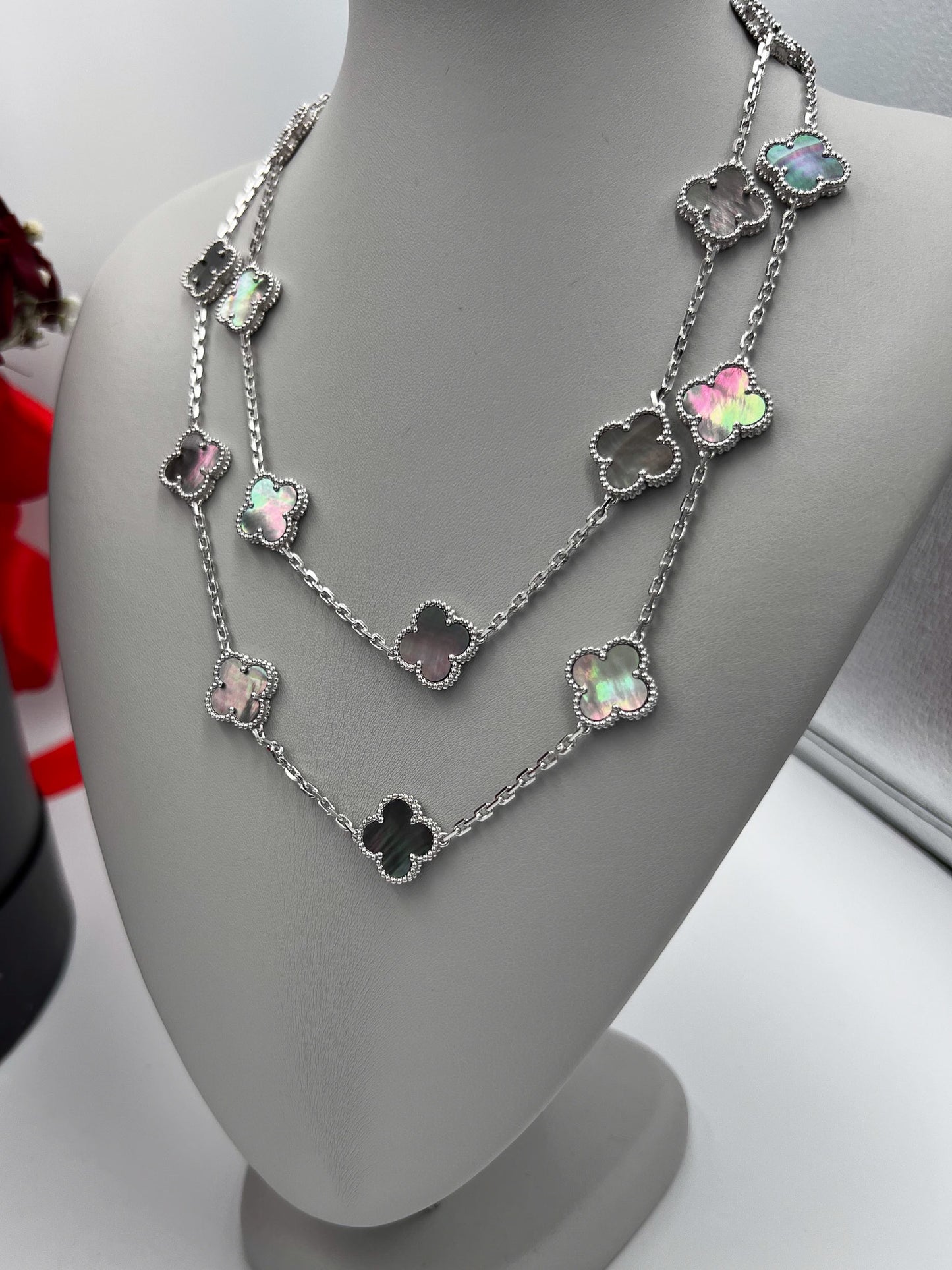 20 motif gray Mother of pearl clover necklace 925 silver 18k white gold plated 84 cm long