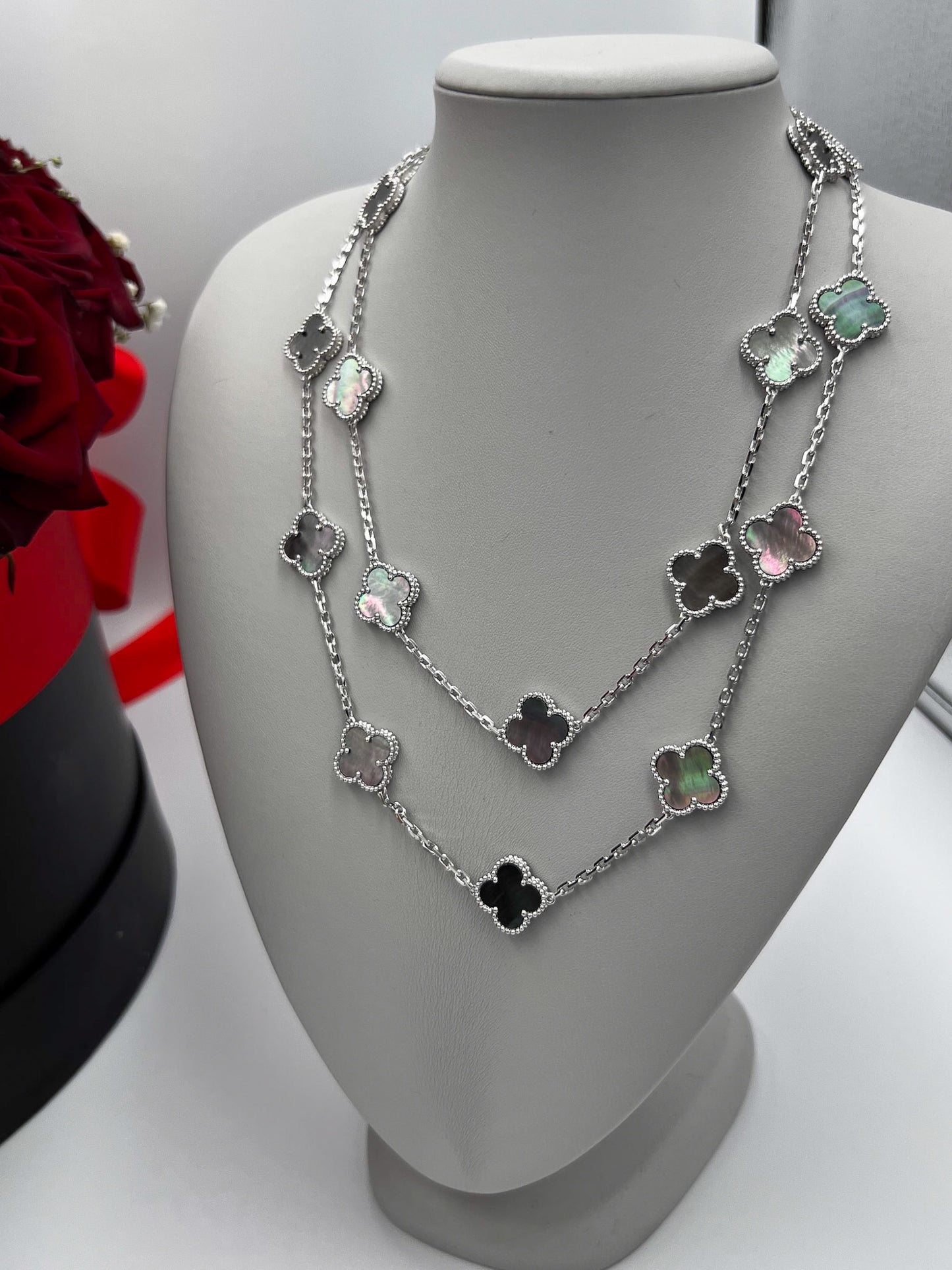 20 motif gray Mother of pearl clover necklace 925 silver 18k white gold plated 84 cm long