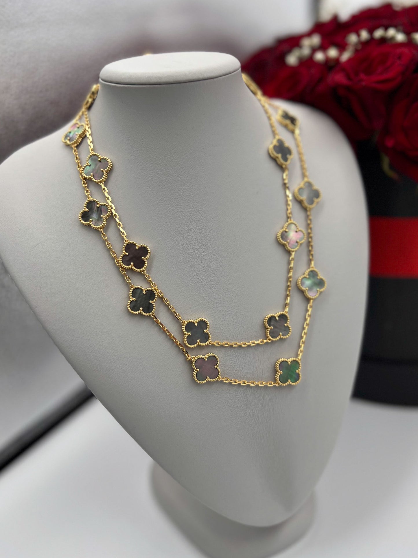 20 motif gray Mother of pearl clover necklace 925 silver 18k gold plated 84 cm long