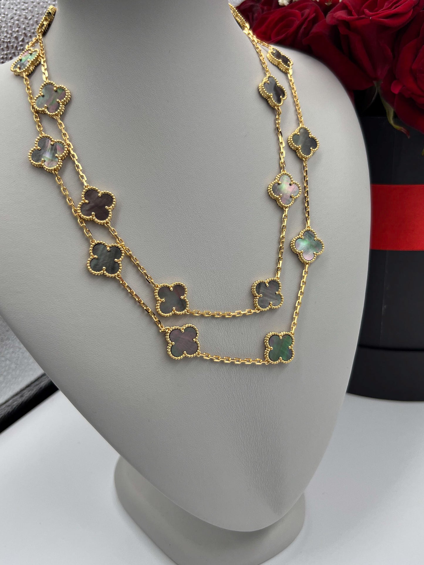 20 motif gray Mother of pearl clover necklace 925 silver 18k gold plated 84 cm long