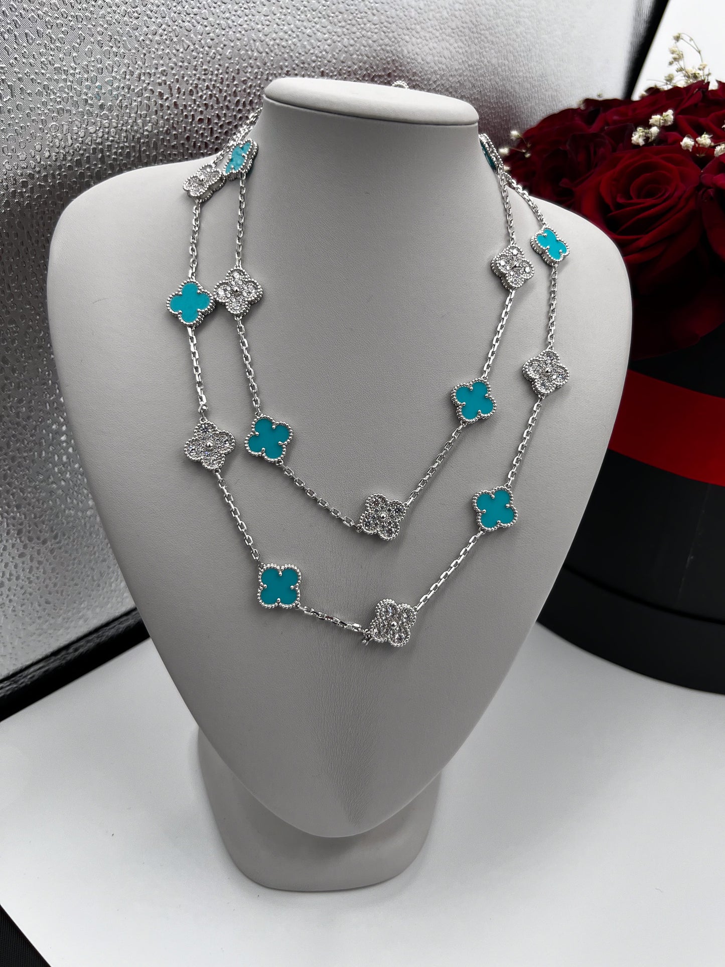 20 motif Turquoise and CZ clover necklace 925 silver 18k white gold plated