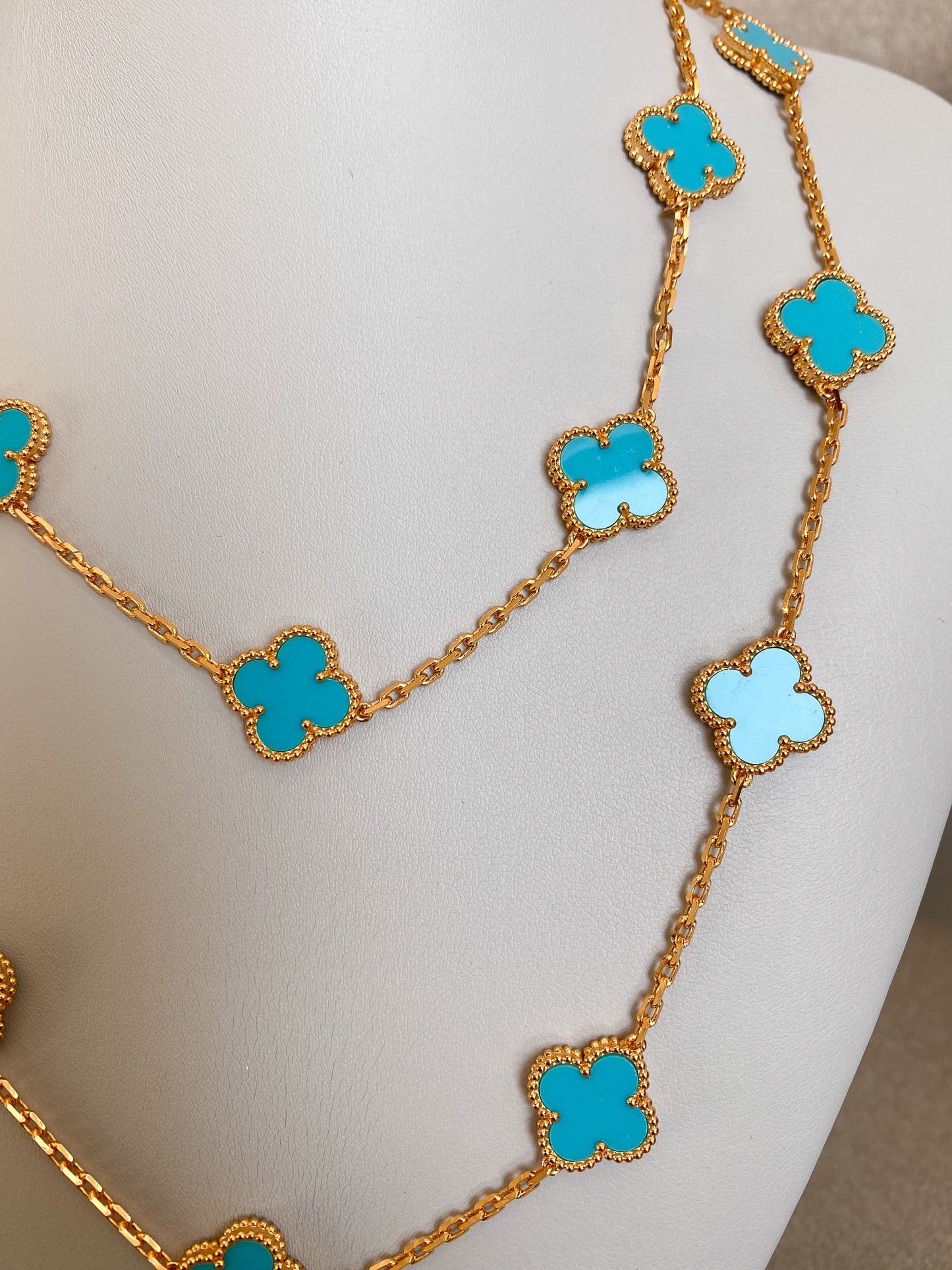 20 motif Turquoise clover necklace 925 silver 18k gold plated 84 cm long