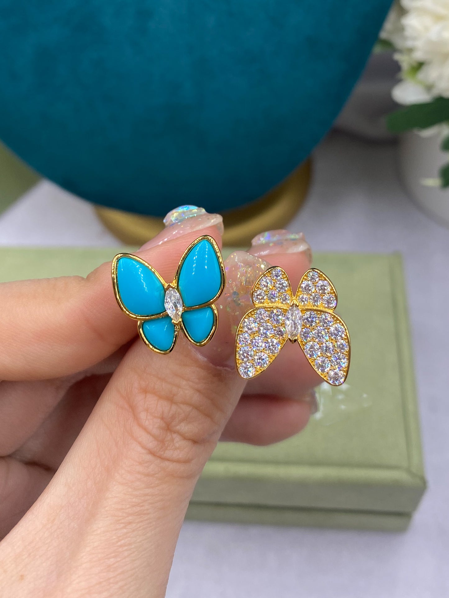 Turquoise & Butterfly Clover Open ring 925 silver 18k gold plated open ring