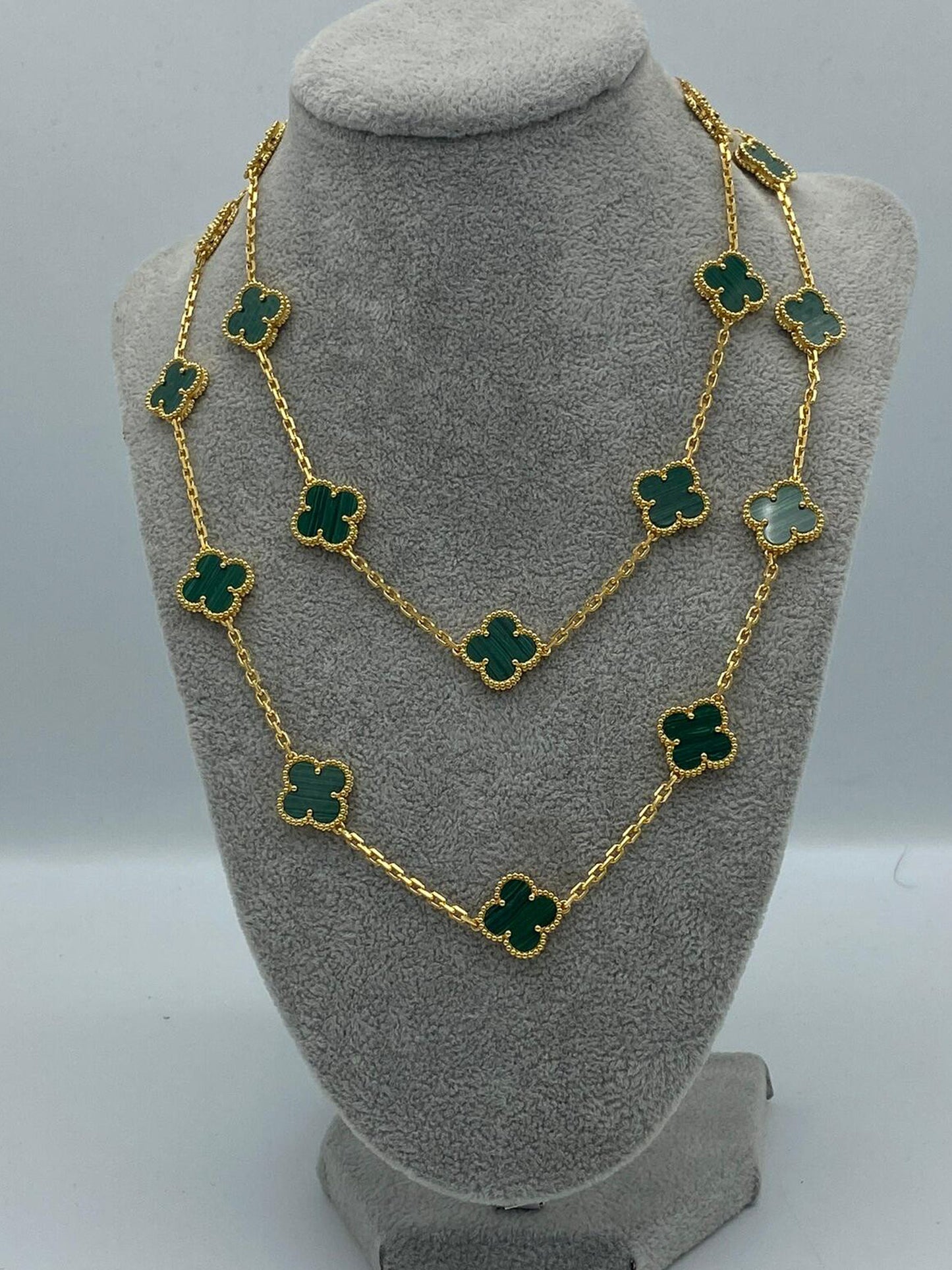 20 motif Malachite  clover necklace 925 silver 18k gold plated 84 cm long