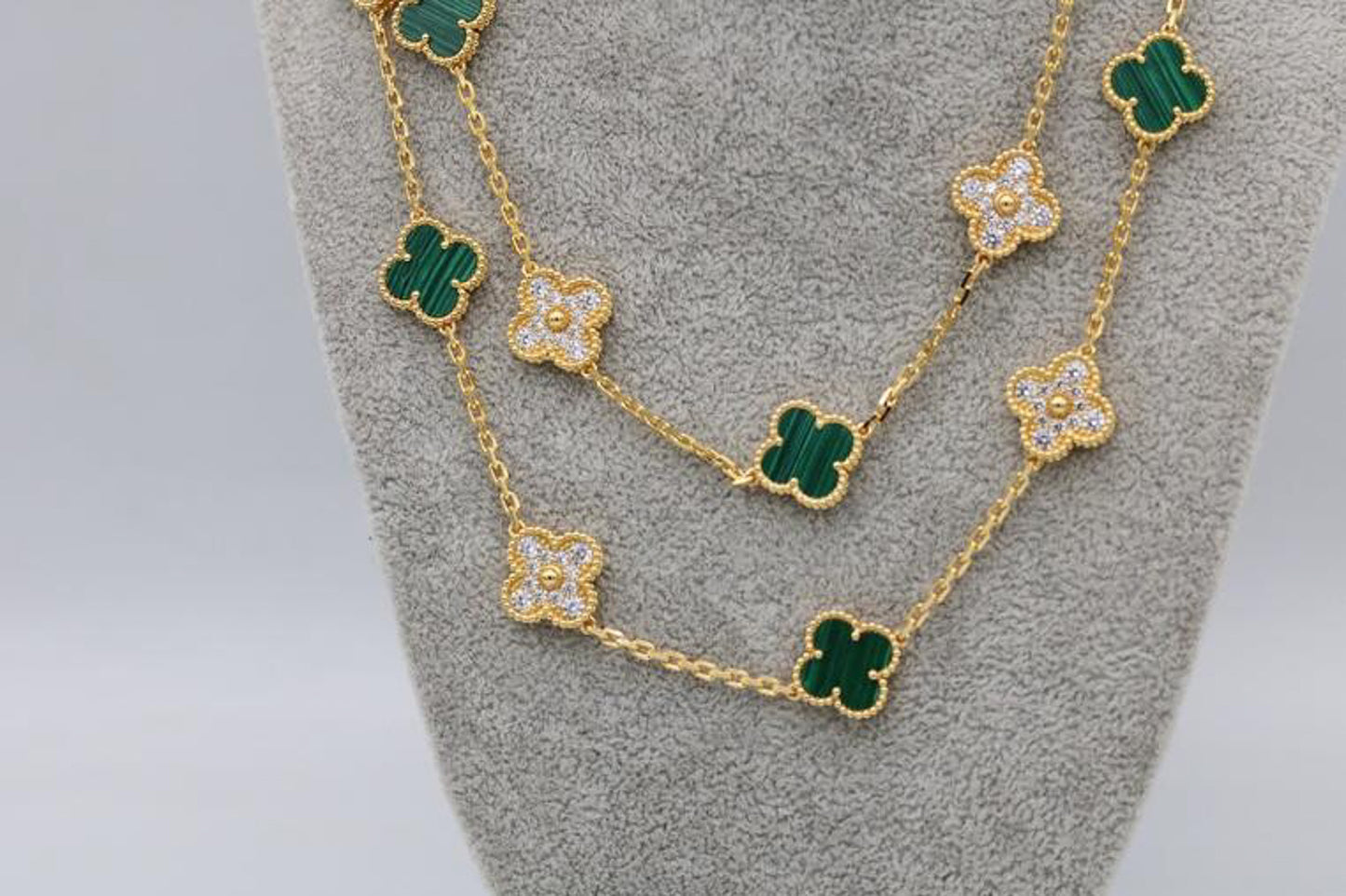 20 motif Malachite & CZ clover necklace 925 silver 18k gold plated 84 cm long