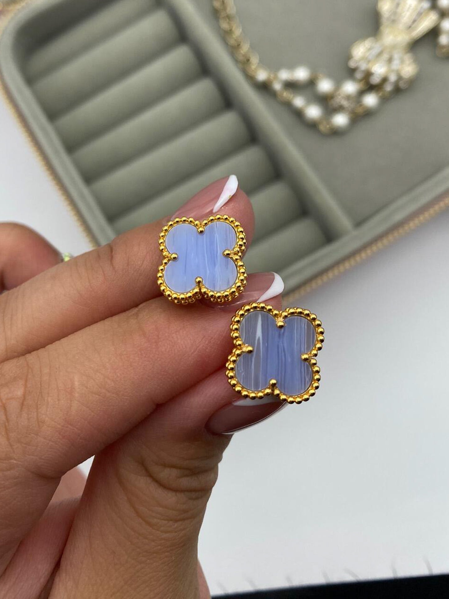 Gemstone 15mm clover earrings 925 silver 18k gold plated