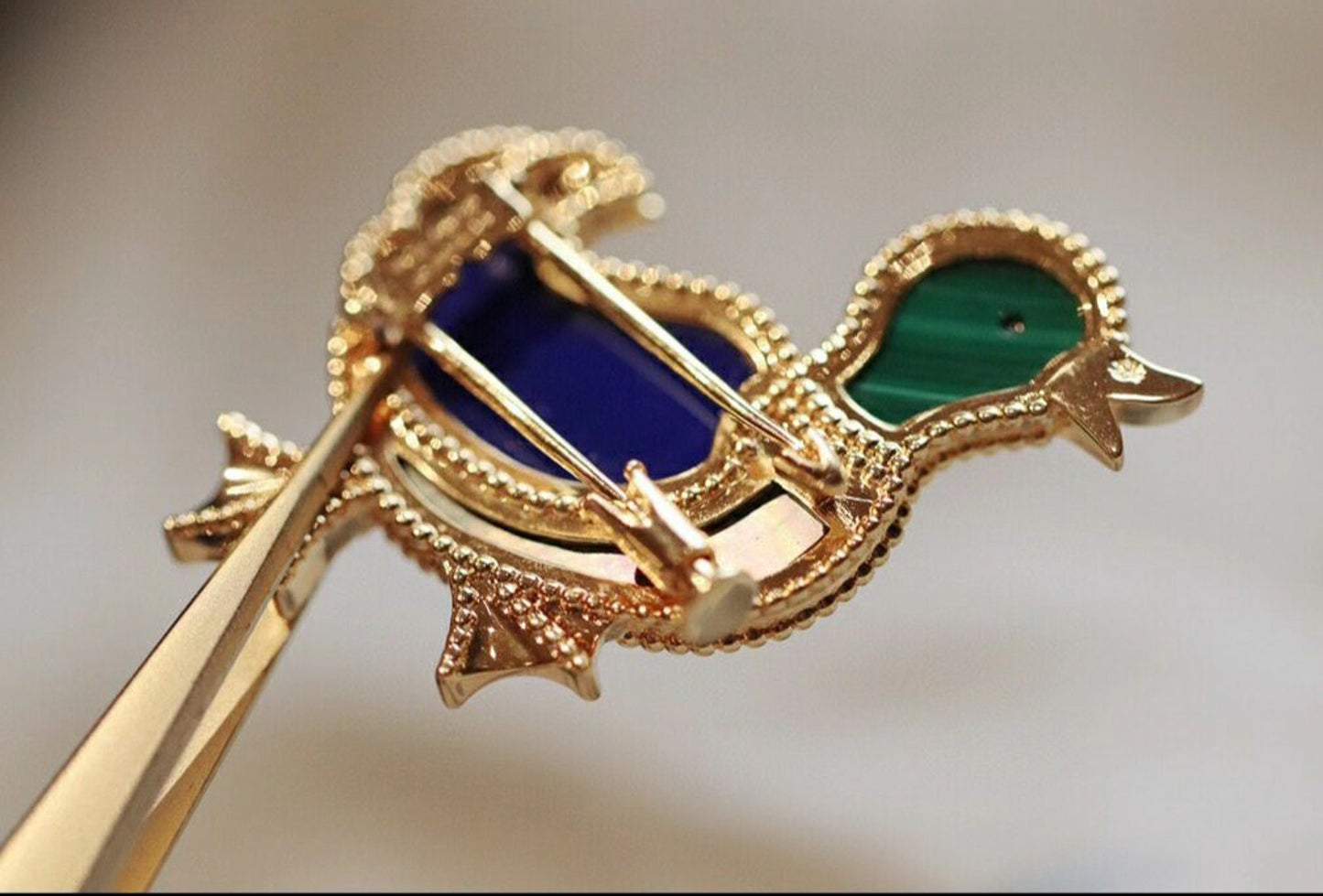 Lucky animals Duck brooch 925 dilver 18k  gold plated malachite & Lapis lazuli & gray mop