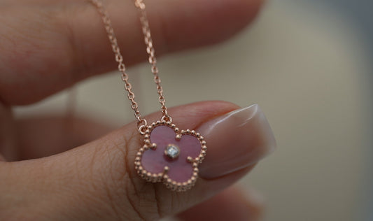 Rhodonite cz clover necklace 15mm clover size 925 silver 18k rose gold plated