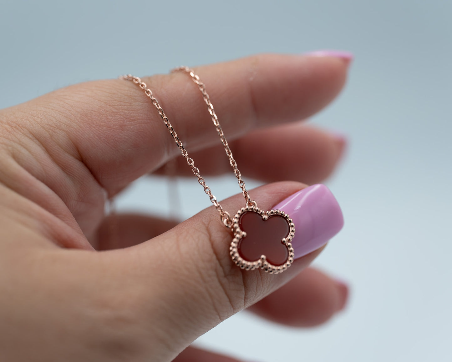 Carnelian clover necklace 15mm clover size 925 silver 18k rose  gold plated