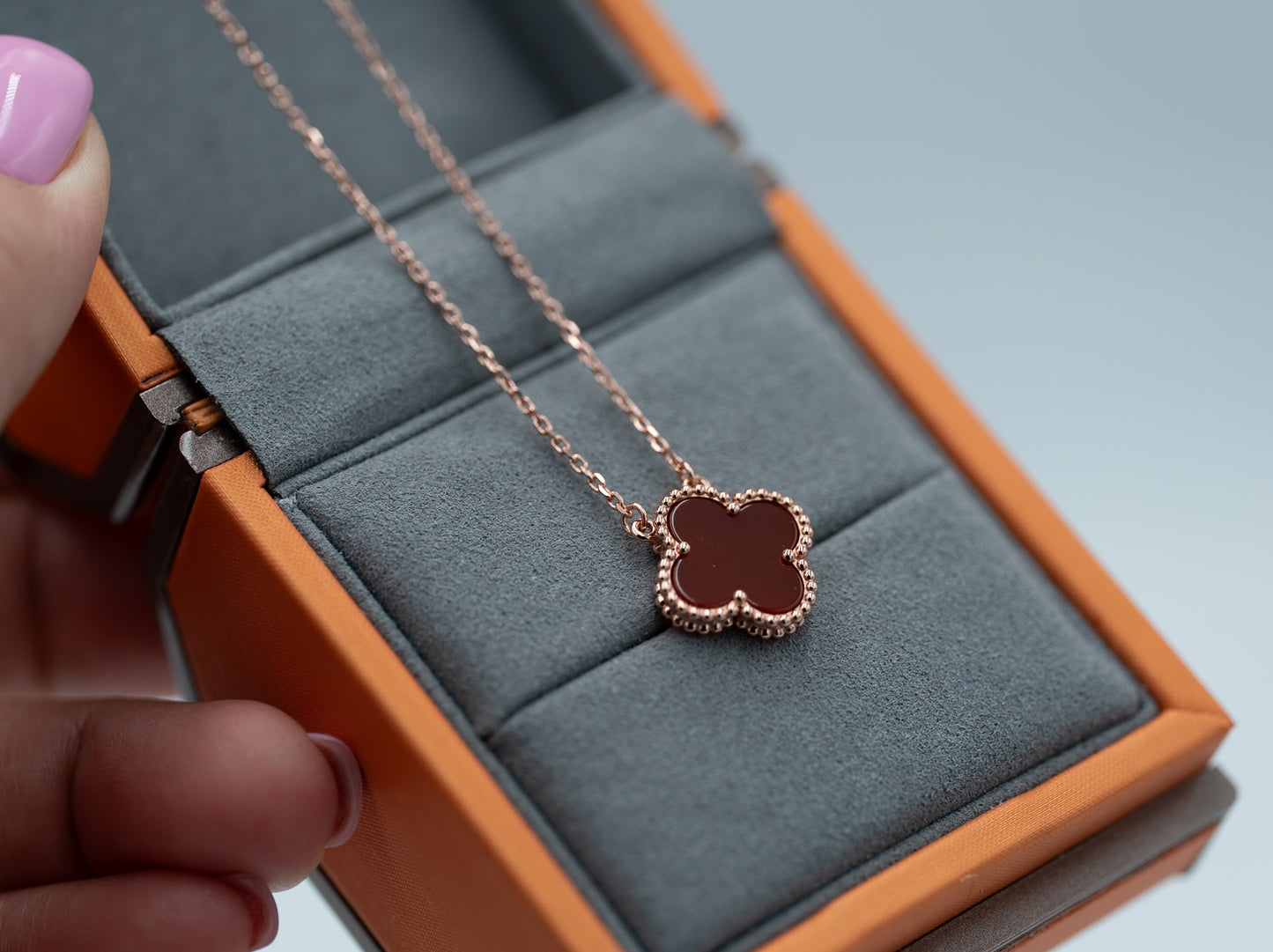 Carnelian clover necklace 15mm clover size 925 silver 18k rose  gold plated