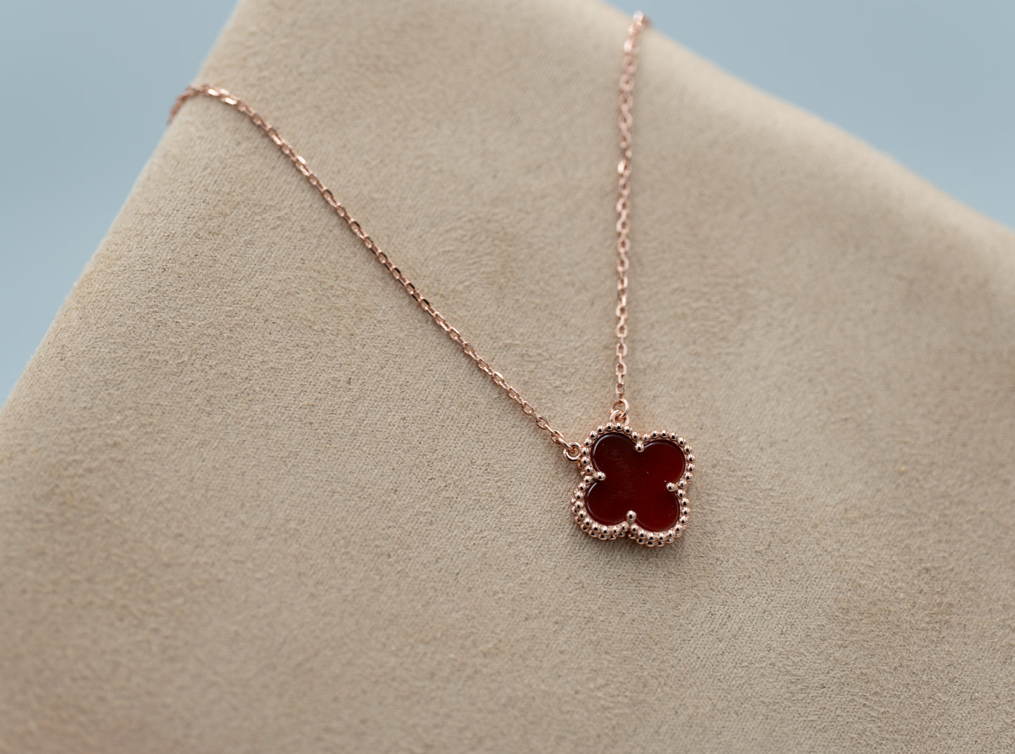 Carnelian clover necklace 15mm clover size 925 silver 18k rose  gold plated