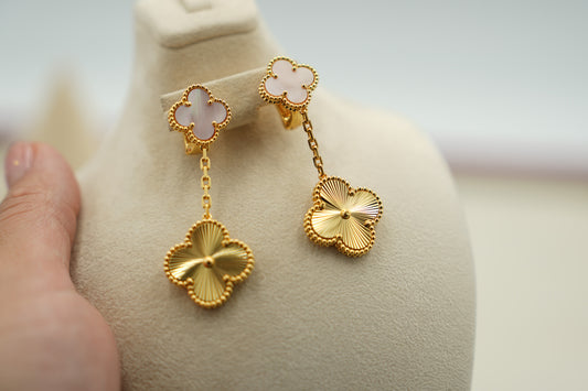 Pink Mother of pearl  & Guillioche 2 mootif clover earrings 925 silver 18k gold plated