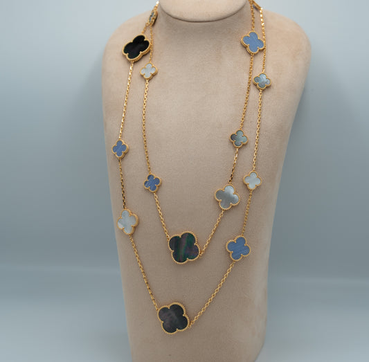 Chalcedony & Mother of pearl  16 motif clover necklace 120 cm long 925 silver 18k gold plated