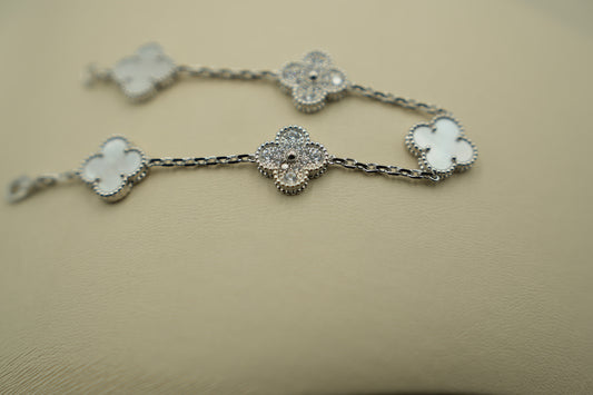 Mother of pearl & CZ clover bracelet 925 silver 18k white gold plated