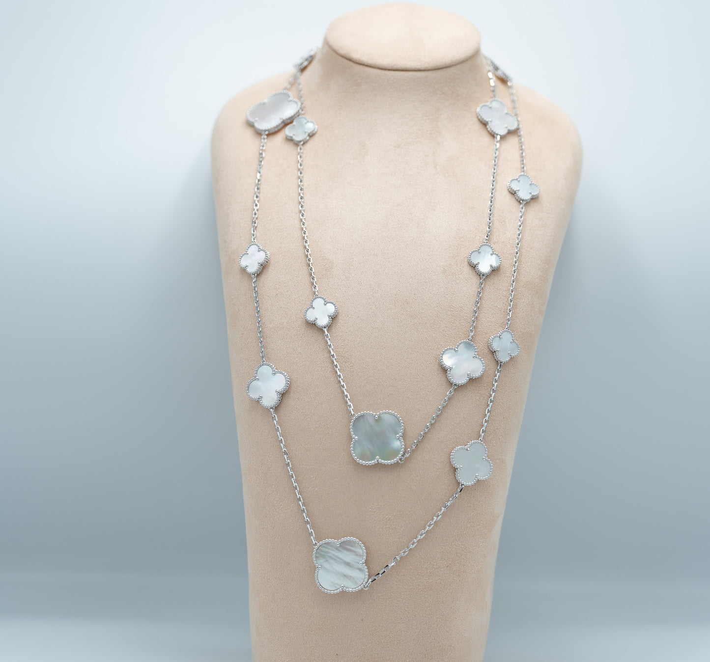 CZ & Mother of pearl  16 motif clover necklace 120 cm long 925 silver 18k white gold plated