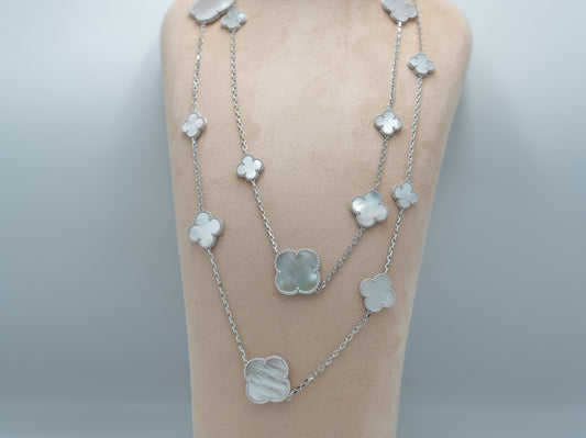 CZ & Mother of pearl  16 motif clover necklace 120 cm long 925 silver 18k white gold plated