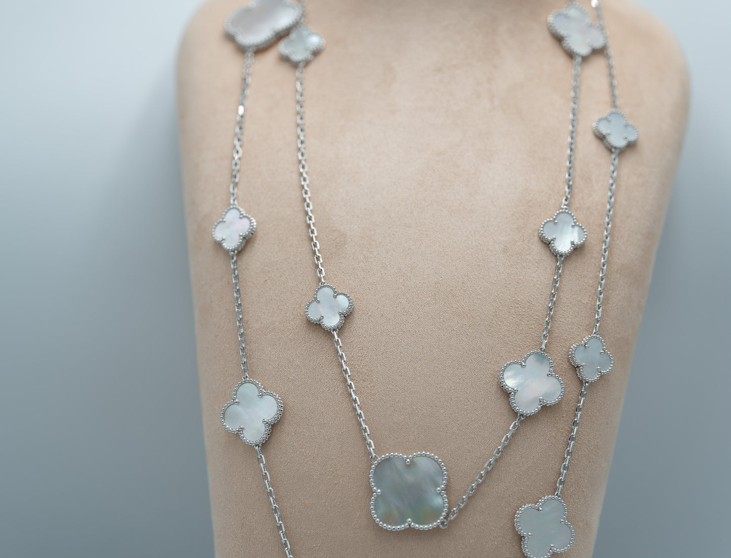 CZ & Mother of pearl  16 motif clover necklace 120 cm long 925 silver 18k white gold plated