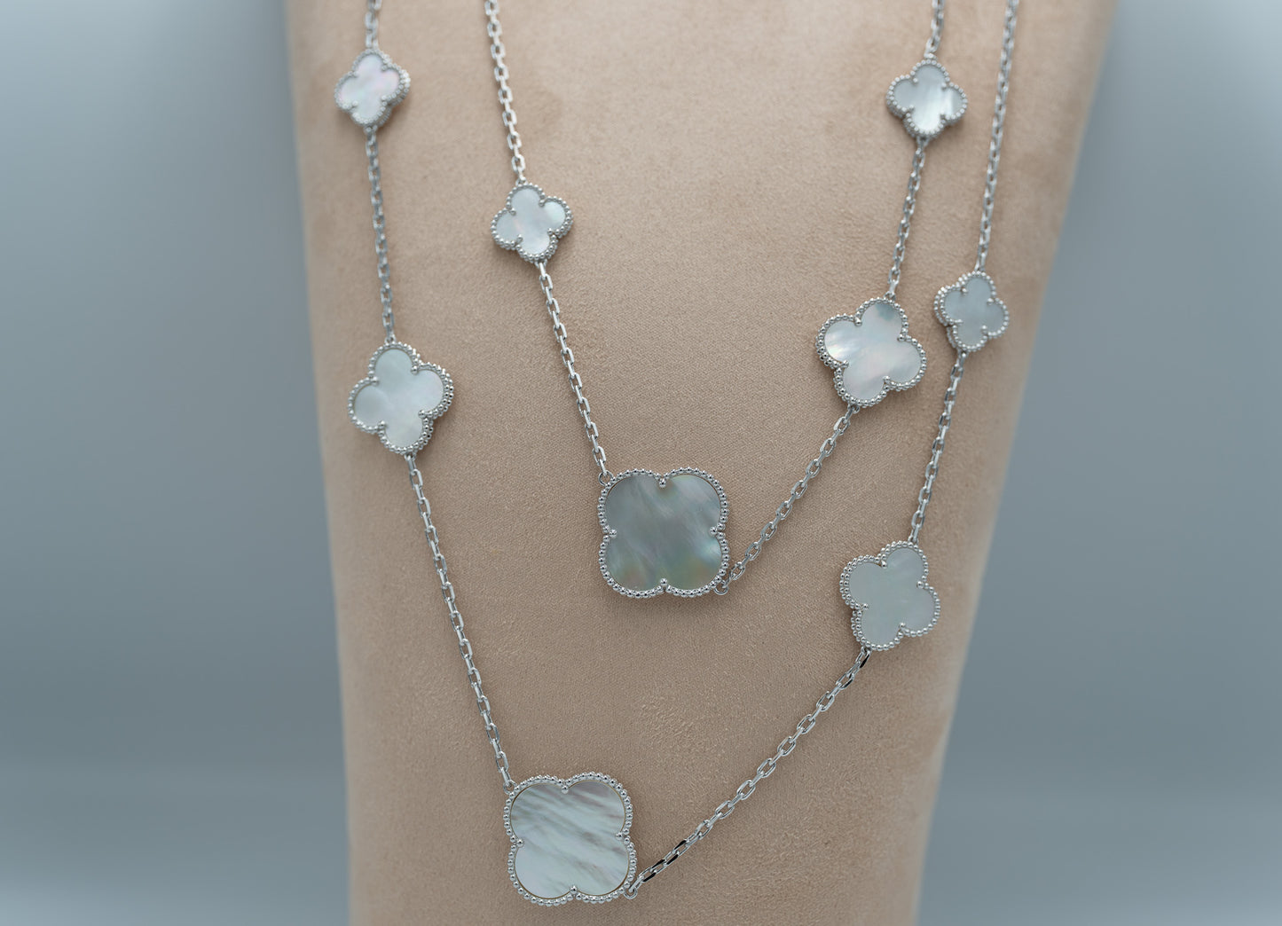 CZ & Mother of pearl  16 motif clover necklace 120 cm long 925 silver 18k white gold plated