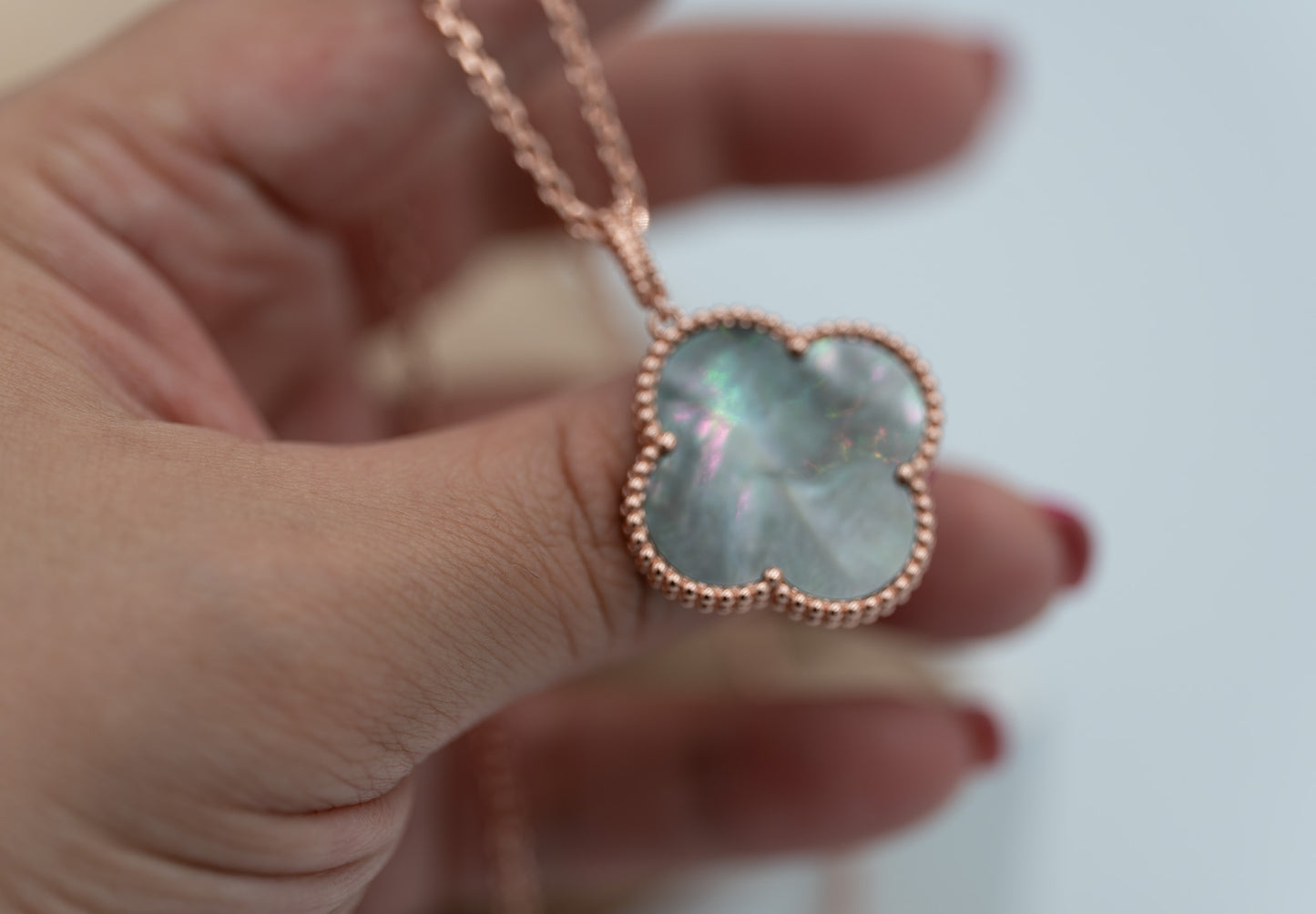 Gray Mother of pearl 25 mm Magic clover necklace 925 silver 18k rose gold plated