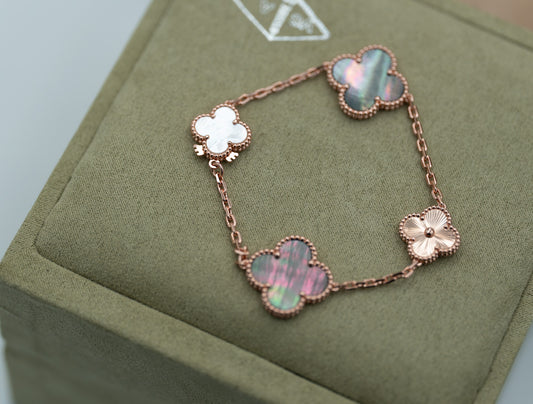 Gray mother of pearl & Guillioche clover bracelet 925 silver 18krose  gold plated