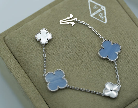 Mop Chalcedony & Guillioche clover bracelet 925 silver 18k white  gold plated