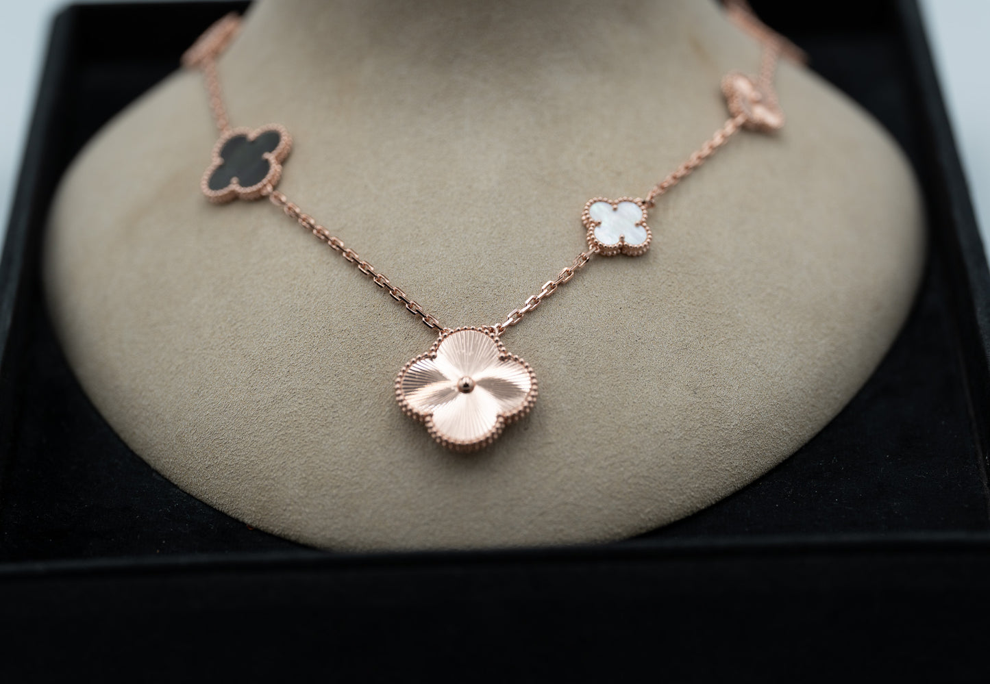 white & Gray Mother of pearl guillioche magic clover necklace 925 silve 18k rose gold plated