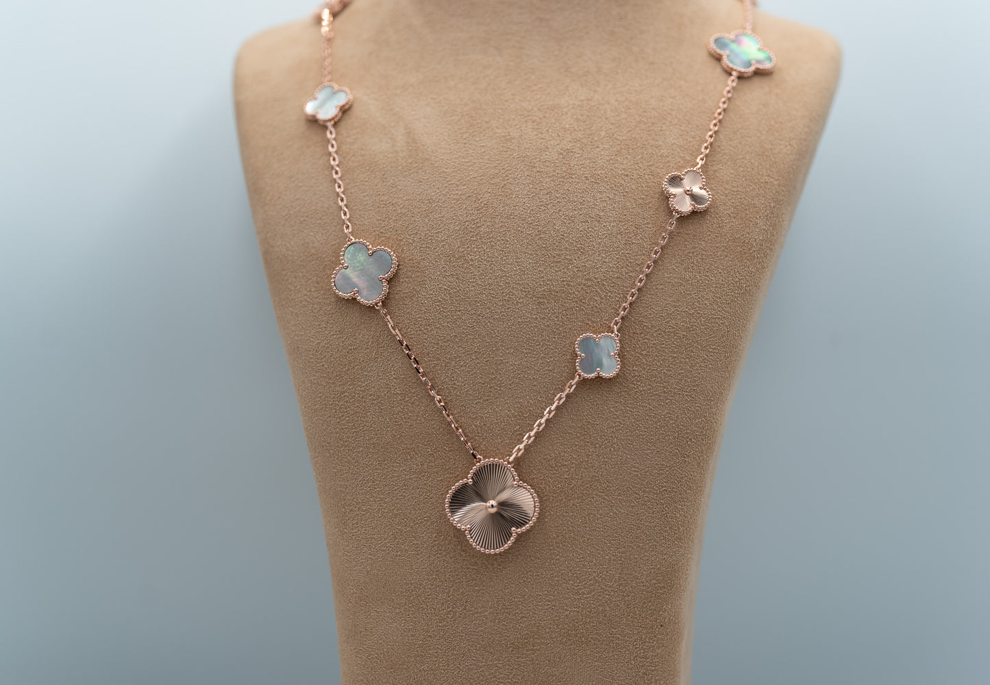 white & Gray Mother of pearl guillioche magic clover necklace 925 silve 18k rose gold plated