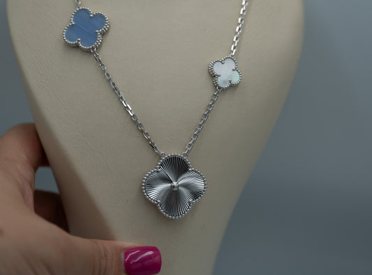 MOP Chalcedony guillioche magic clover necklace 925 silve 18k gold plated