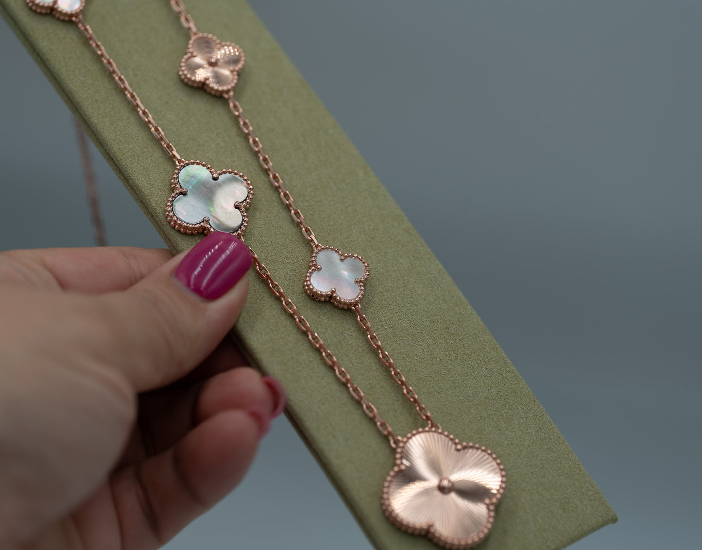 white & Gray Mother of pearl guillioche magic clover necklace 925 silve 18k rose gold plated