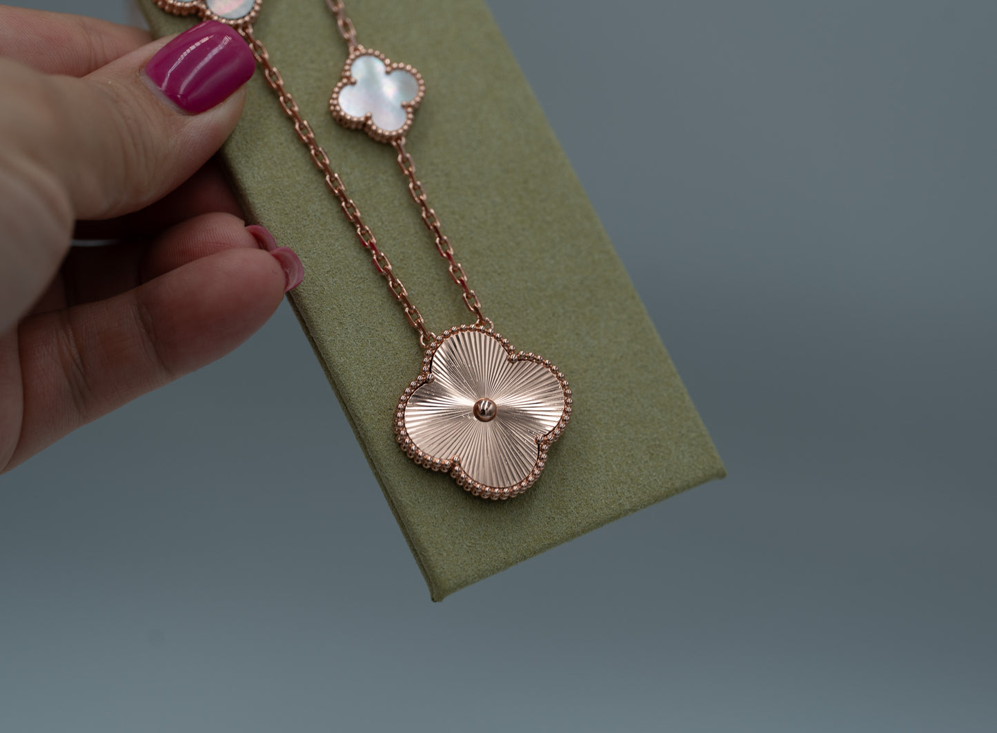 white & Gray Mother of pearl guillioche magic clover necklace 925 silve 18k rose gold plated