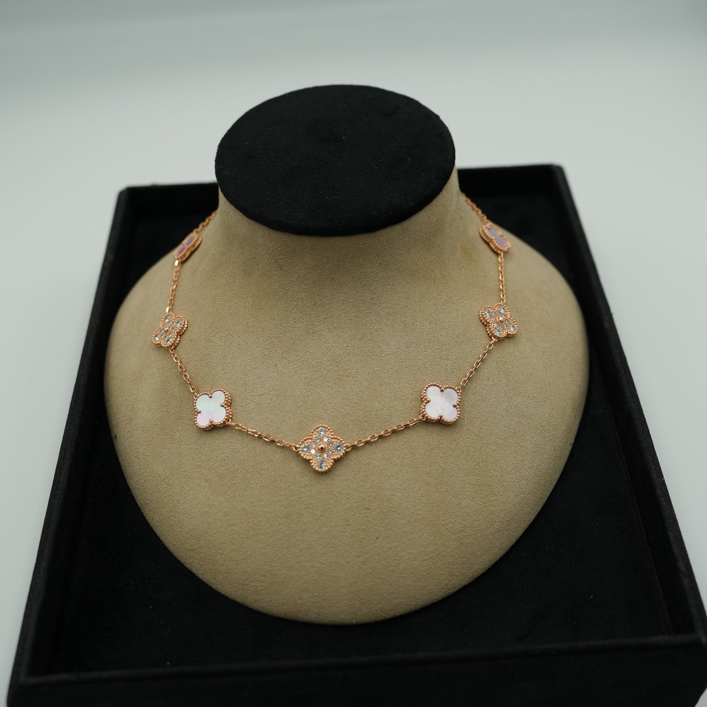 10 motif pink mother of pearl & cz clover necklace 925 silver 18k rose gold plated