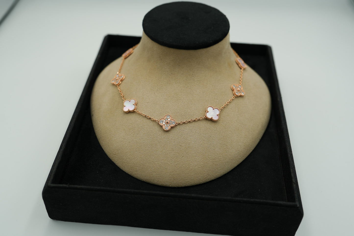 10 motif pink mother of pearl & cz clover necklace 925 silver 18k rose gold plated