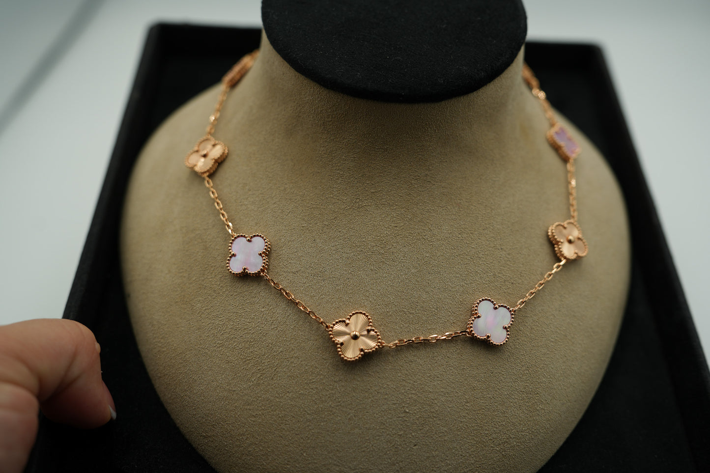 10 motif pink mother of pearl &guillioche clover necklace 925 silver 18k rose gold plated