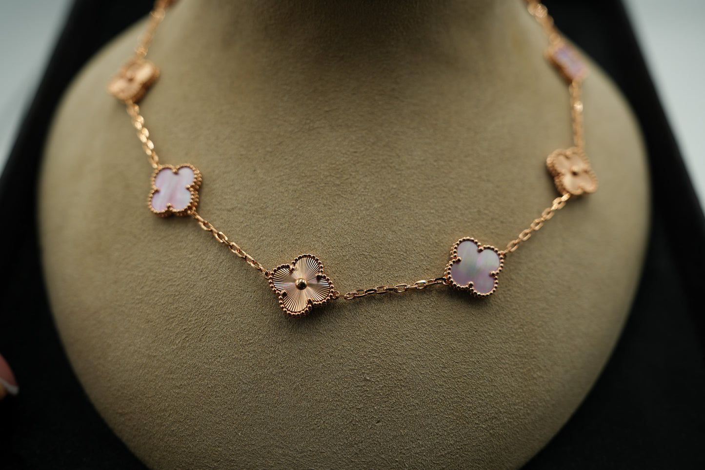 10 motif pink mother of pearl &guillioche clover necklace 925 silver 18k rose gold plated