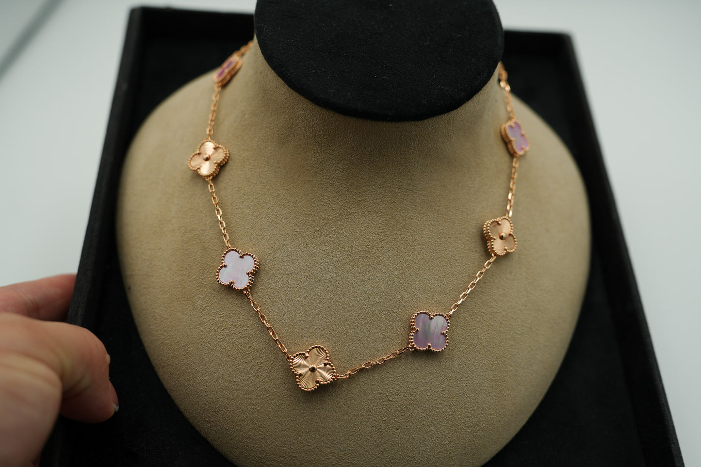 10 motif pink mother of pearl &guillioche clover necklace 925 silver 18k rose gold plated