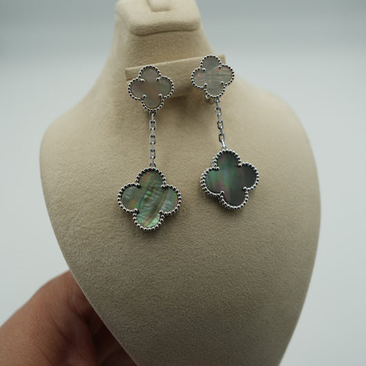 2 motif white & Gray Mother of pearl earrings 925 silver 18k white gold plated