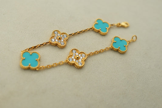 cz & Turquoise 5 motif clover bracelet 925 silver 18k gold plated