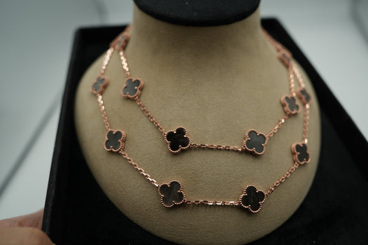 20 motif Silver obsidian clover necklace 925 silver 18k rose gold plated 84 cm long