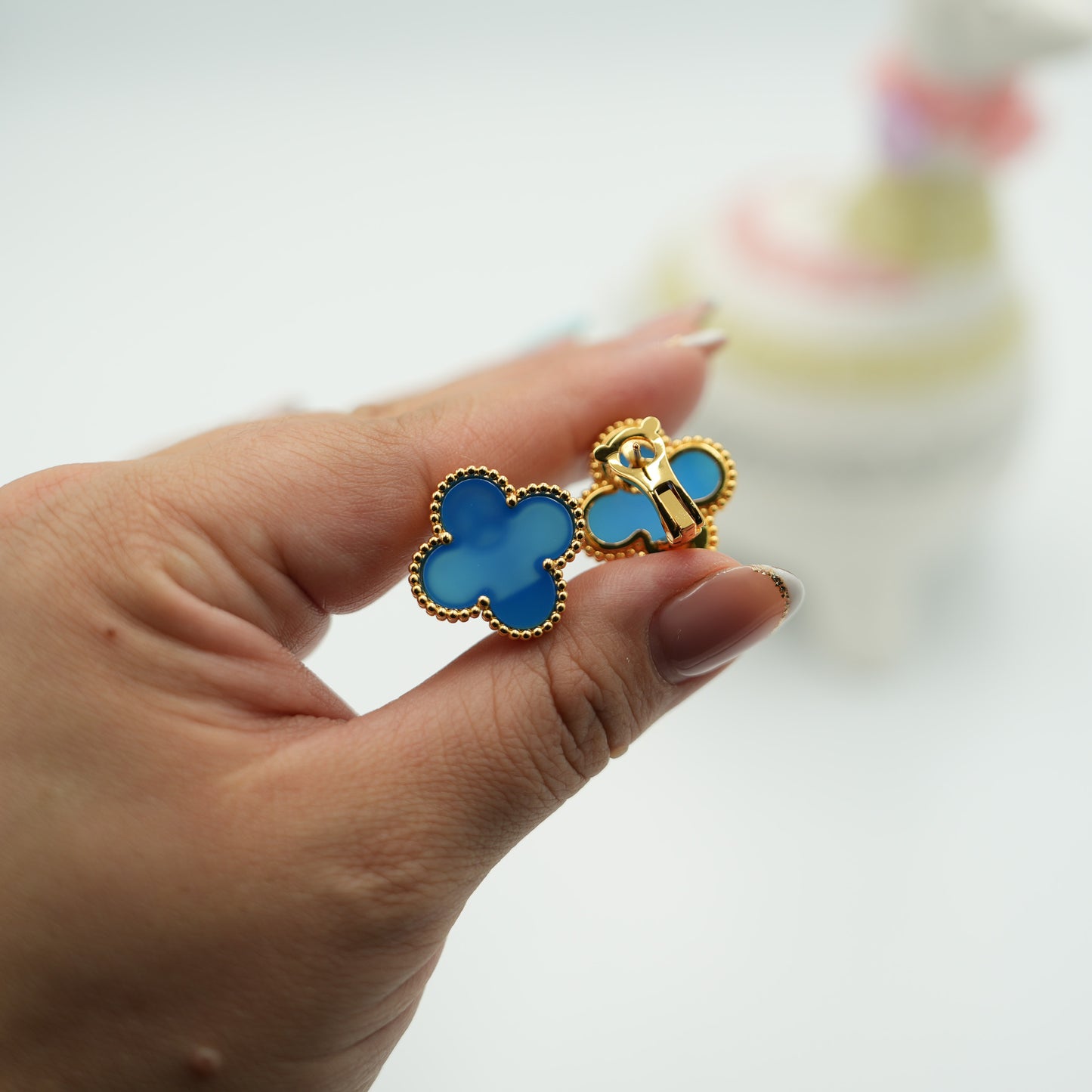 20mm clover Magic size Blue agate earrings 925 silver 18k gold plated