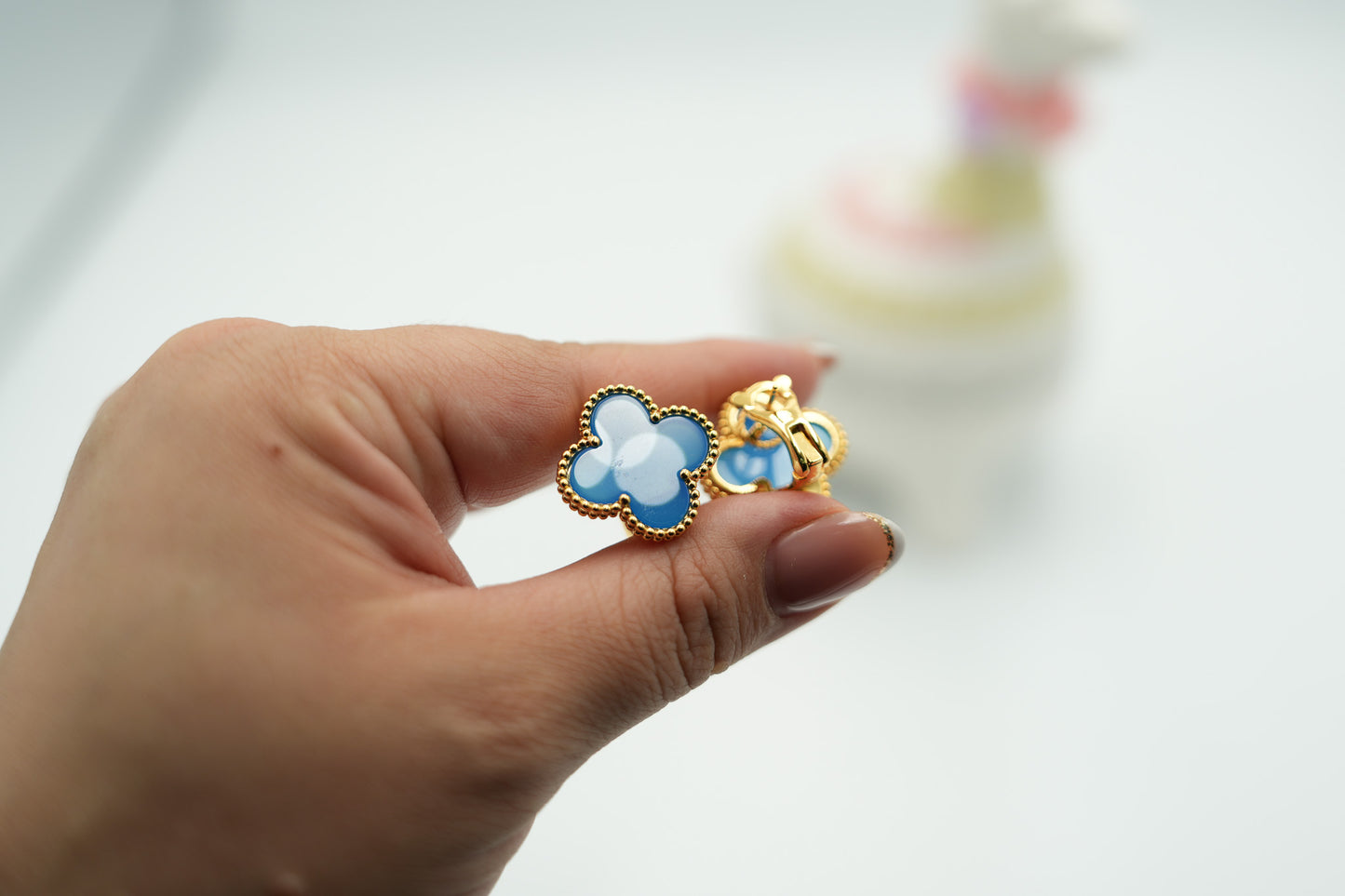 20mm clover Magic size Blue agate earrings 925 silver 18k gold plated