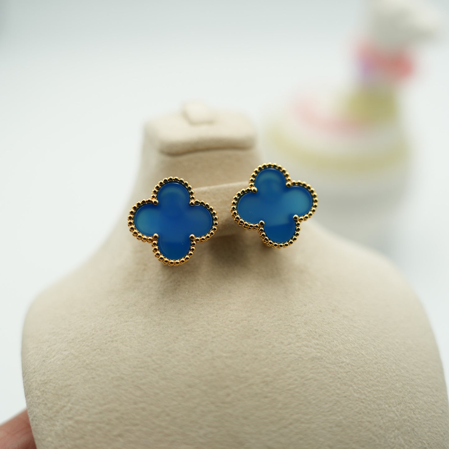 20mm clover Magic size Blue agate earrings 925 silver 18k gold plated