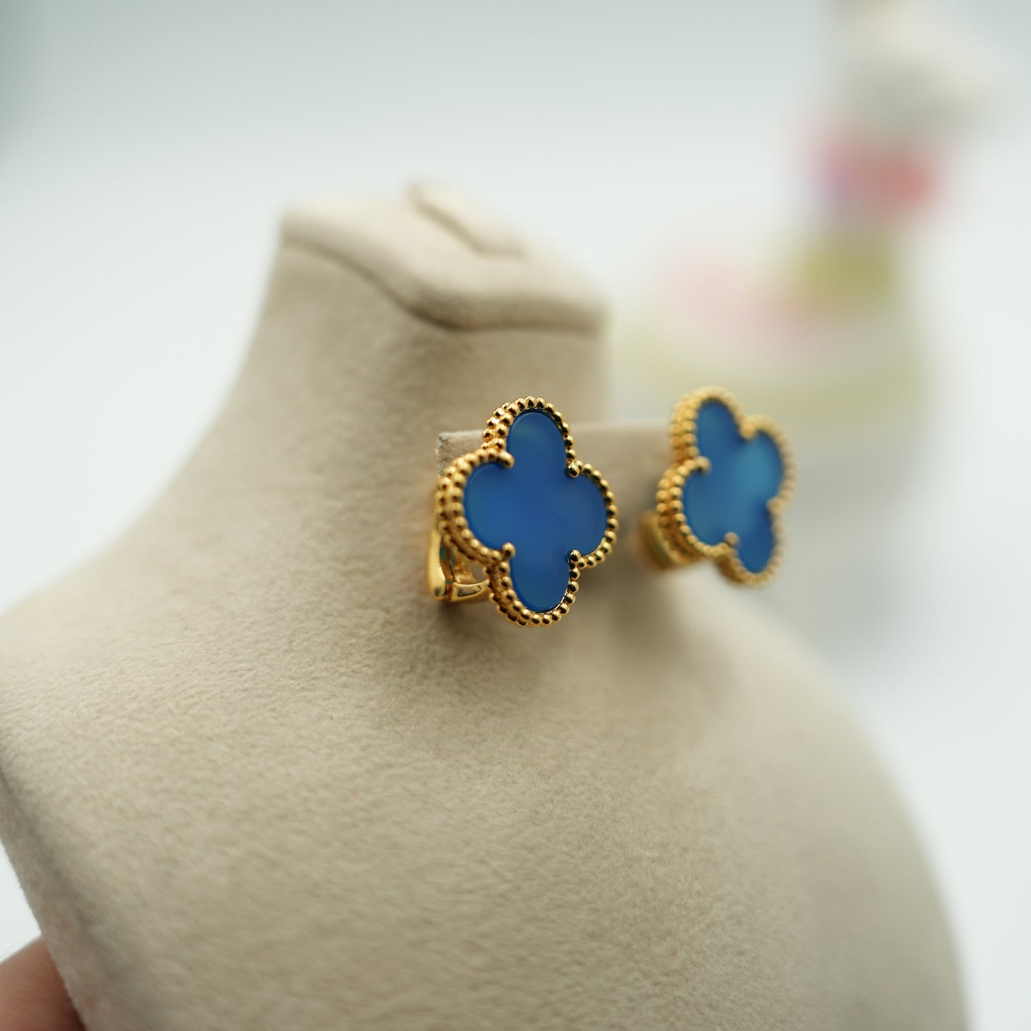 20mm clover Magic size Blue agate earrings 925 silver 18k gold plated