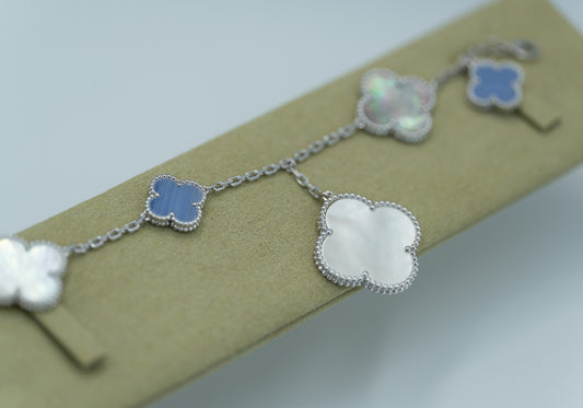 Mother of pearl & Chalcedony Charm clover bracelet 925 silver 18k white gold plated