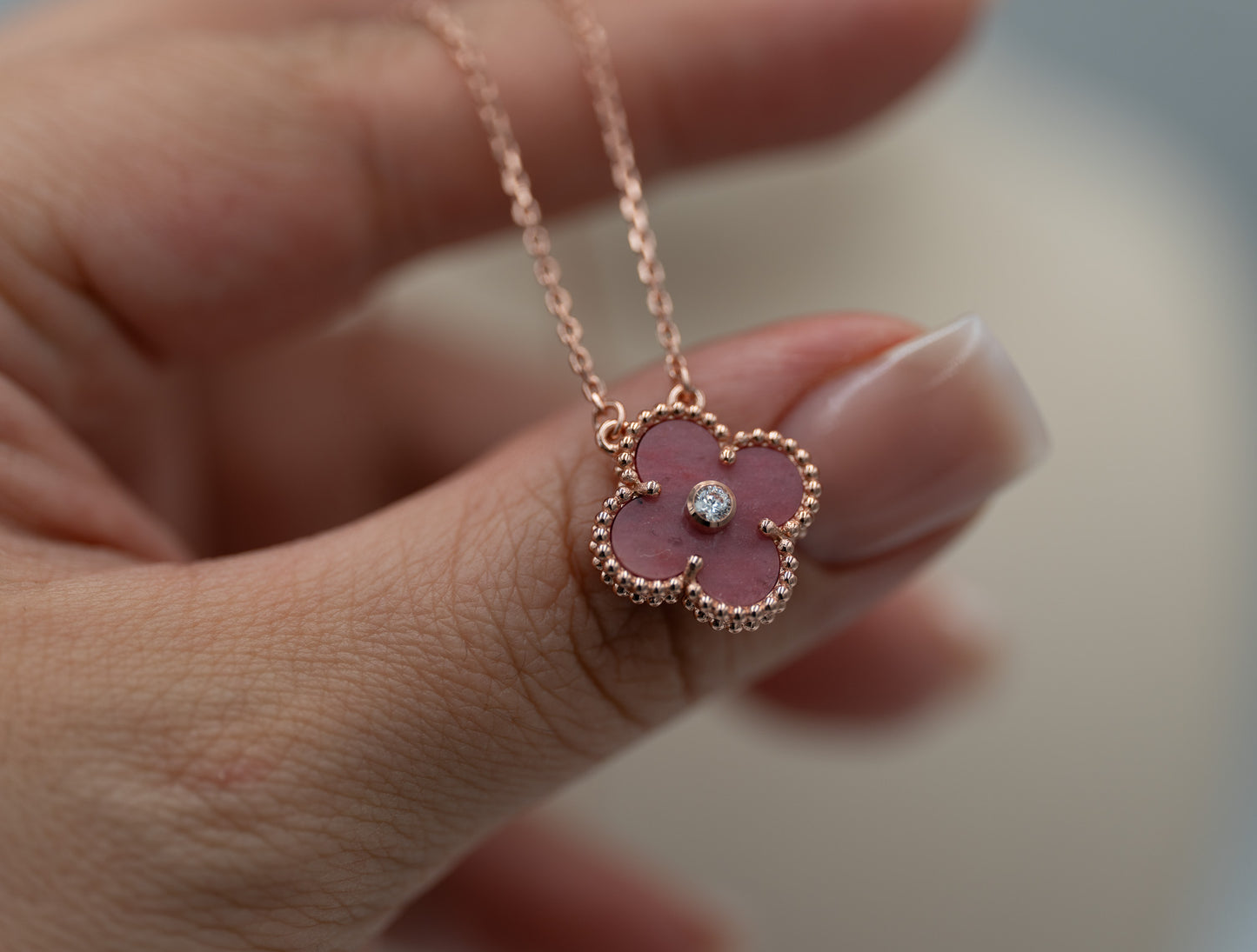 Rhodonite cz clover necklace 15mm clover size 925 silver 18k rose gold plated