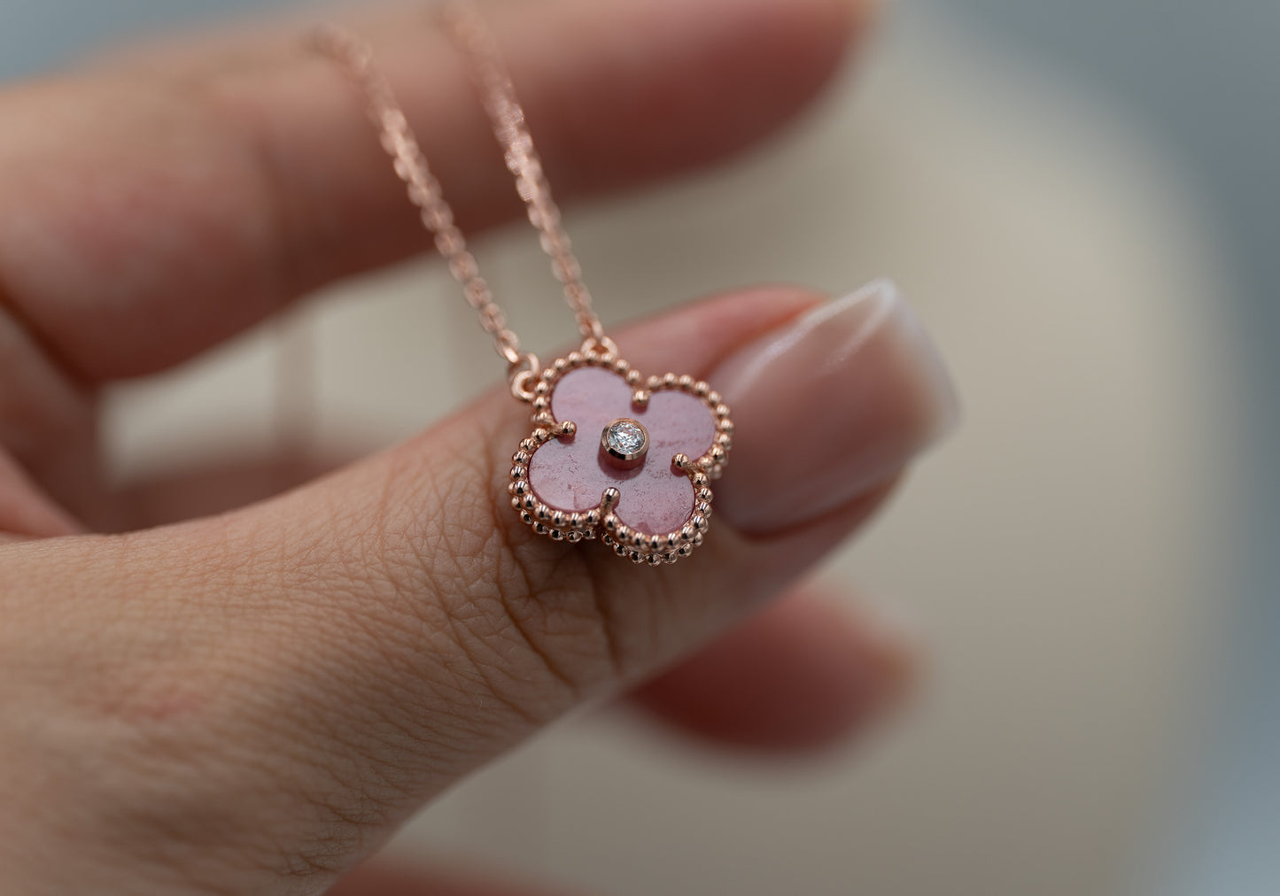 Rhodonite cz clover necklace 15mm clover size 925 silver 18k rose gold plated