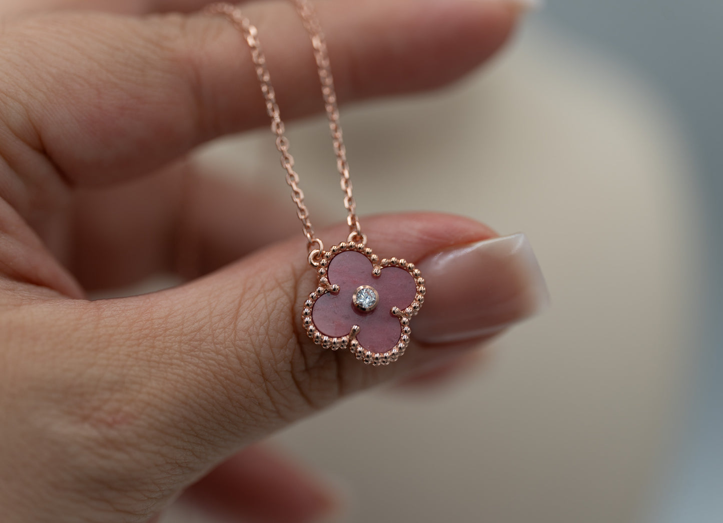 Rhodonite cz clover necklace 15mm clover size 925 silver 18k rose gold plated