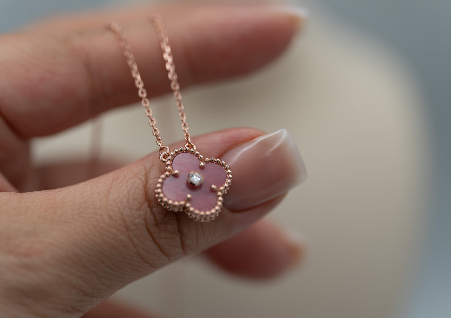 Rhodonite cz clover necklace 15mm clover size 925 silver 18k rose gold plated